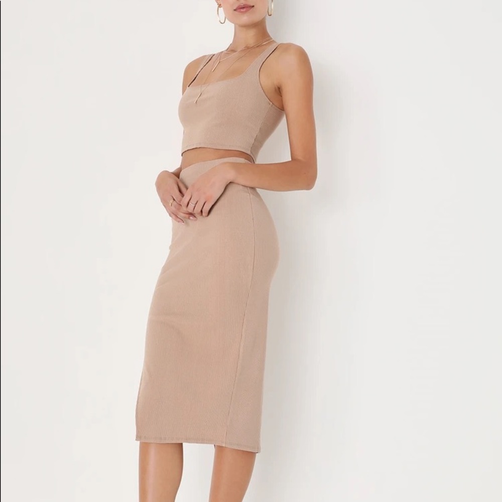 Lulu’s Tan Ribbee Bodycon Two Piece Dress